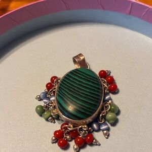 Elegant Sterling Silver Pendant with Green and Red stones